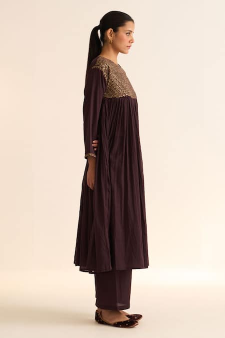 Dot Wine Cotton Zari, Embroidery Round Neck Ruhani Zardozi Yoke Kurta With Pant Online at Aza Fashions Dot_Wine Cotton Zari, Embroidery Round Neck Ruhani Zardozi Yoke Kurta With Pant _Online_at_Aza_Fashions