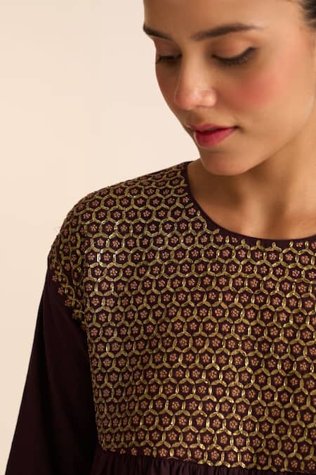 Buy Dot Wine Cotton Zari, Embroidery Round Neck Ruhani Zardozi Yoke Kurta With Pant Online at Aza Fashions Buy_Dot_Wine Cotton Zari, Embroidery Round Neck Ruhani Zardozi Yoke Kurta With Pant _Online_at_Aza_Fashions