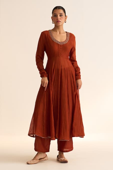 Dot Orange Chanderi , Organza, Cotton Satin, Cotton, Vara Anarkali Set Online at Aza Fashions Dot_Orange Chanderi , Organza, Cotton Satin, Cotton, Vara Anarkali Set _Online_at_Aza_Fashions