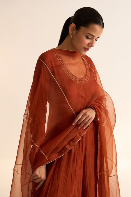 Buy Dot Orange Chanderi , Organza, Cotton Satin, Cotton, Vara Anarkali Set Buy_Dot_Orange Chanderi , Organza, Cotton Satin, Cotton, Vara Anarkali Set