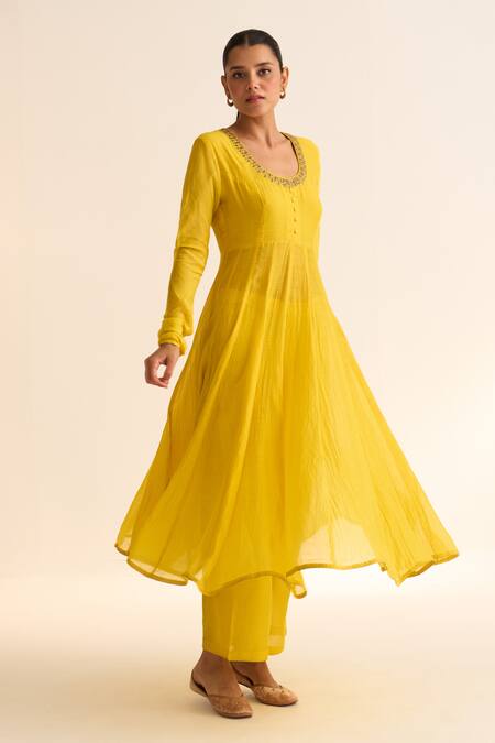 Dot_Yellow Chanderi , Cotton, Organza, Embroidery Vara Vine Anarkali Set _Online_at_Aza_Fashions