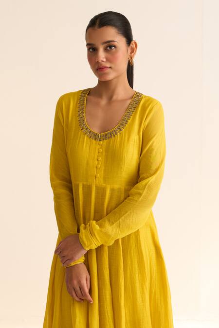 Buy_Dot_Yellow Chanderi , Cotton, Organza, Embroidery Vara Vine Anarkali Set _Online_at_Aza_Fashions