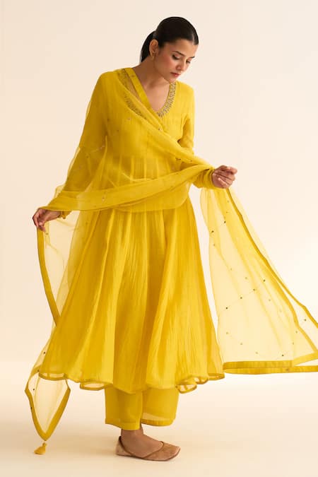 Dot_Yellow Chanderi , Cotton, Organza, Embroidery Vara Vine Anarkali Set _at_Aza_Fashions