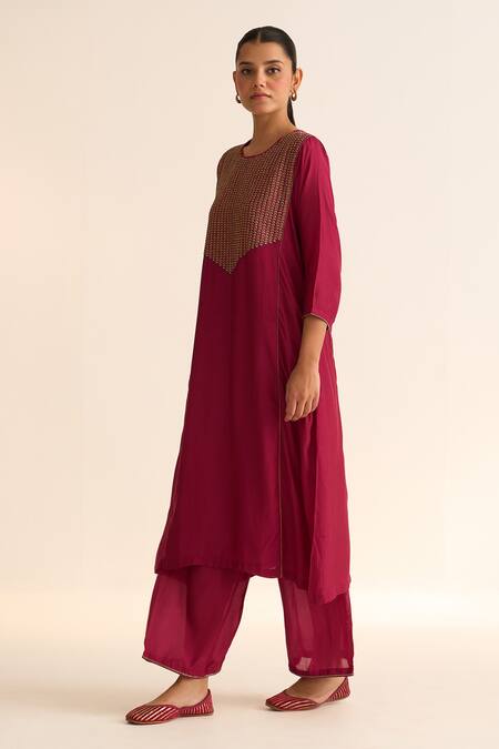 Dot Red Cotton Embroidery Round Neck Veena Vine Yoke Kurta With Pant Online at Aza Fashions Dot_Red Cotton Embroidery Round Neck Veena Vine Yoke Kurta With Pant _Online_at_Aza_Fashions