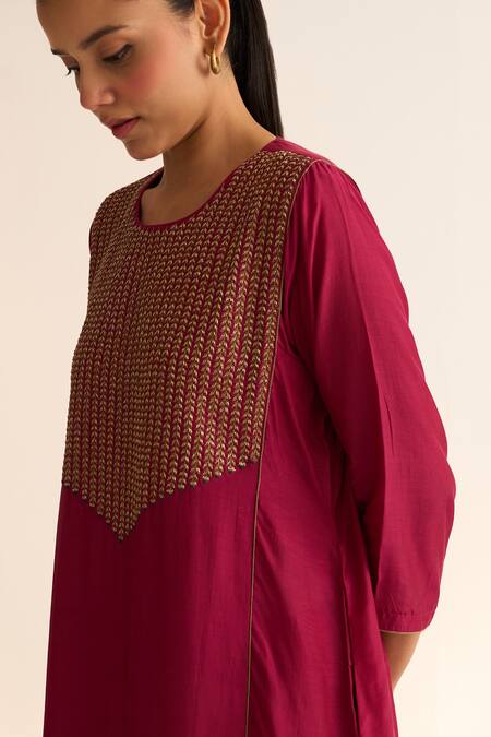 Shop Dot Red Cotton Embroidery Round Neck Veena Vine Yoke Kurta With Pant Online at Aza Fashions Shop_Dot_Red Cotton Embroidery Round Neck Veena Vine Yoke Kurta With Pant _Online_at_Aza_Fashions