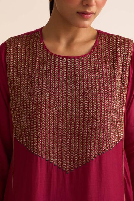 Dot Red Cotton Embroidery Round Neck Veena Vine Yoke Kurta With Pant at Aza Fashions Dot_Red Cotton Embroidery Round Neck Veena Vine Yoke Kurta With Pant _at_Aza_Fashions