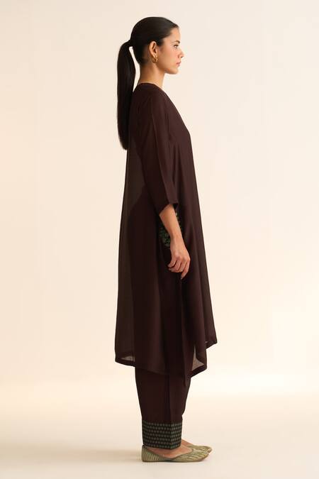 Dot_Wine Cotton, Silk Embroidery Round Neck Gia Hand Kurta With Pant _Online_at_Aza_Fashions