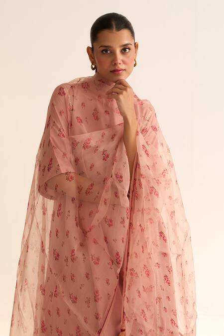 Dot_Pink Organza Tassels Rose Print Dupatta _Online_at_Aza_Fashions