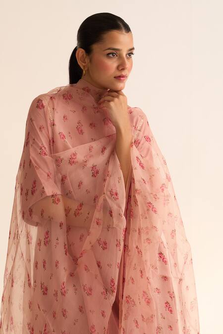 Buy_Dot_Pink Organza Tassels Rose Print Dupatta _Online_at_Aza_Fashions