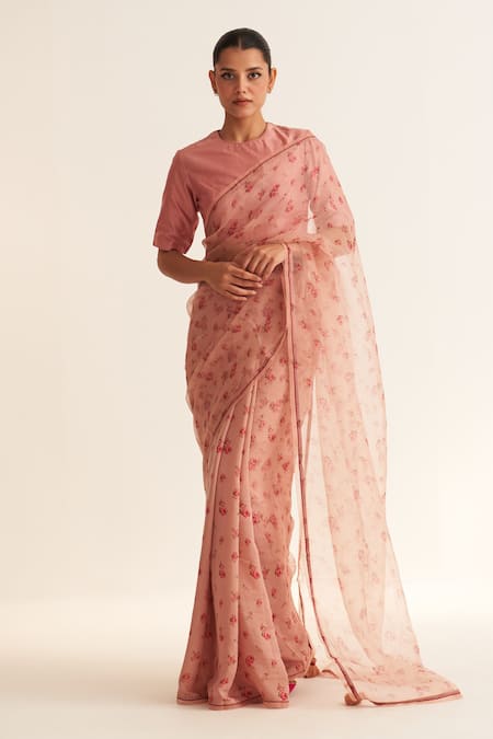 Dot Gul Rose Print Saree With Blouse 