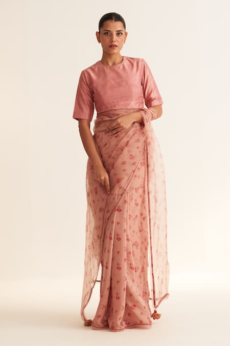 Dot_Pink Organza, Cotton, Silk Round Neck Gul Rose Print Saree With Blouse _Online_at_Aza_Fashions
