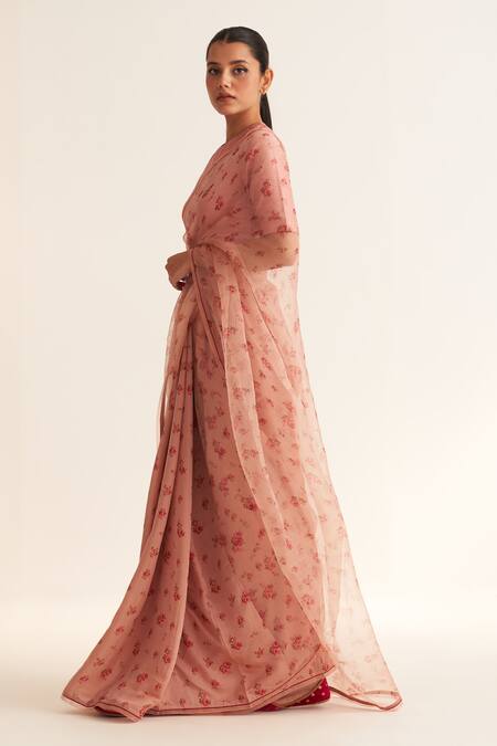 Buy_Dot_Pink Organza, Cotton, Silk Round Neck Gul Rose Print Saree With Blouse _Online_at_Aza_Fashions