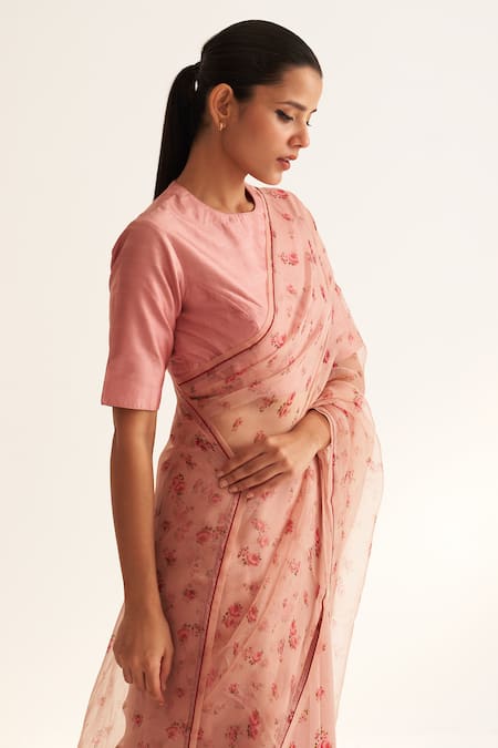 Shop_Dot_Pink Organza, Cotton, Silk Round Neck Gul Rose Print Saree With Blouse _Online_at_Aza_Fashions