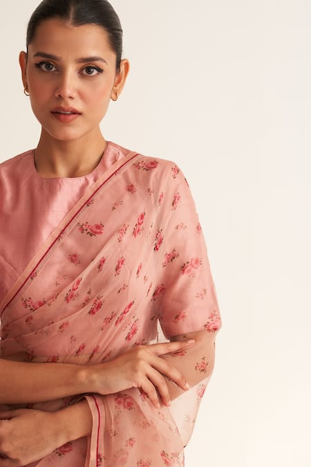 Dot_Pink Organza, Cotton, Silk Round Neck Gul Rose Print Saree With Blouse _at_Aza_Fashions