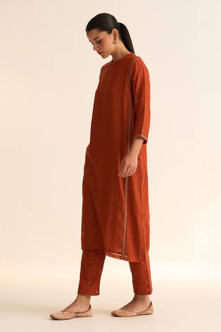 Dot_Orange Chanderi Embroidery Round Neck Gulnaar Hand Kurta With Pant _Online_at_Aza_Fashions