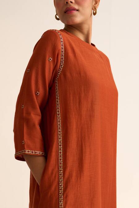 Buy_Dot_Orange Chanderi Embroidery Round Neck Gulnaar Hand Kurta With Pant _Online_at_Aza_Fashions