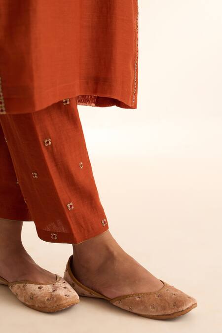 Dot_Orange Chanderi Embroidery Round Neck Gulnaar Hand Kurta With Pant _at_Aza_Fashions