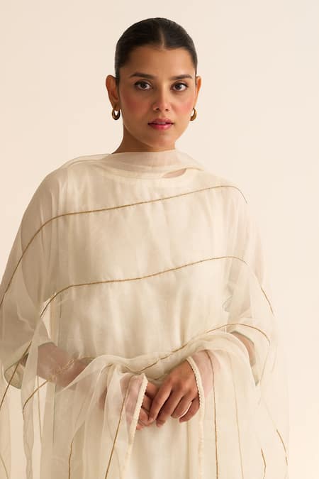 Dot_Ivory Organza, Cotton, Silk Embroidery, Piping Round Inaaya Kurta Hand Pant Set _Online_at_Aza_Fashions