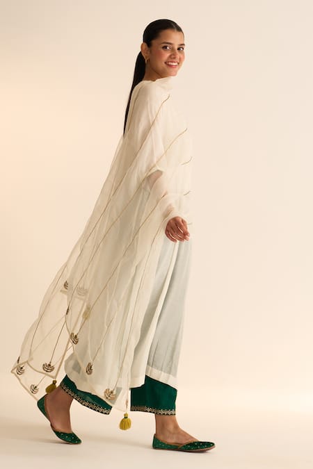 Shop_Dot_Ivory Organza, Cotton, Silk Embroidery, Piping Round Inaaya Kurta Hand Pant Set _Online_at_Aza_Fashions