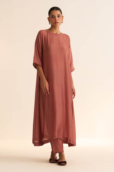 Dot Pink Cotton Silk Round Ishani Rosewood Kurta With Pant