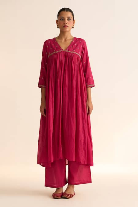 Dot Pink Organza Hand Embroidered Resham V Neck Jaina A-line Kurta Pant Set