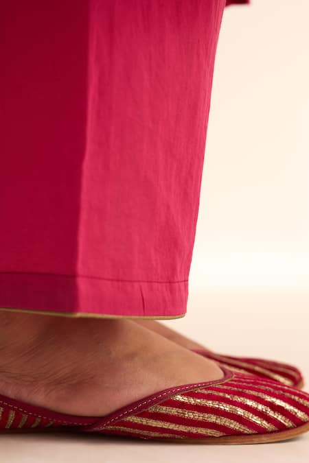 Shop_Dot_Pink Cotton, Organza Embroidery V-neck Jaina Hand A-line Kurta Pant Set _Online_at_Aza_Fashions