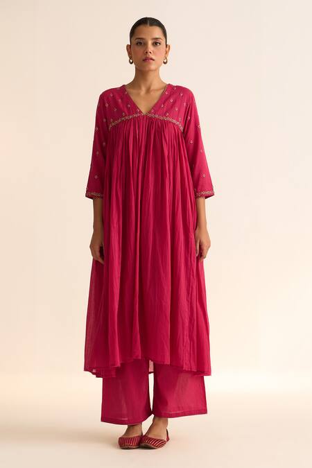 Dot Pink Cotton Embroidery V-neck Jaina Hand A-line Kurta With Pant Online at Aza Fashions Dot_Pink Cotton Embroidery V-neck Jaina Hand A-line Kurta With Pant _Online_at_Aza_Fashions