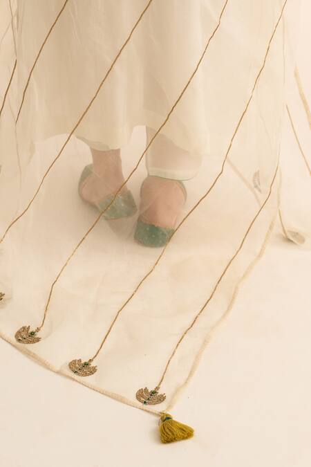 Dot_Ivory Organza Tassels, Embroidery Jhoomar Hand Dupatta _Online_at_Aza_Fashions