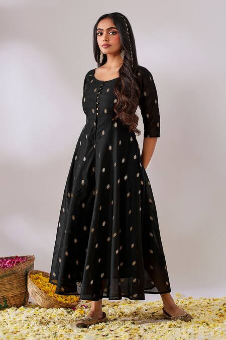 Gulaal Black Cotton Brocade Round Banarasi Anarkali Online at Aza Fashions Gulaal_Black Cotton Brocade Round Banarasi Anarkali_Online_at_Aza_Fashions