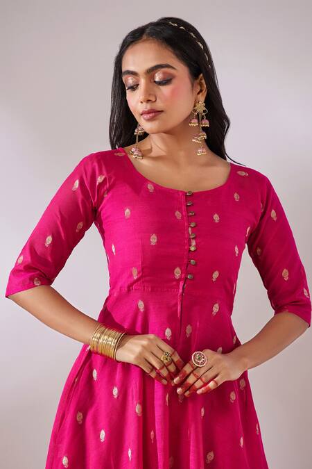 Gulaal_Pink Cotton, Brocade Metallic Thread Round Neck Banarasi Flared Anarkali_Online_at_Aza_Fashions