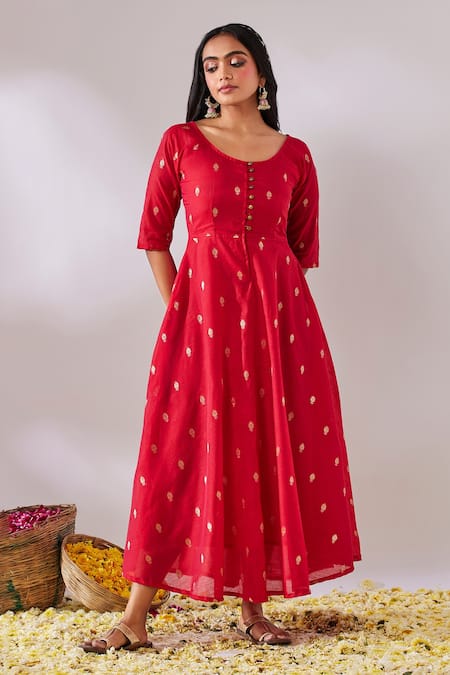Gulaal_Red Cotton Brocade Round Banarasi Anarkali_Online_at_Aza_Fashions