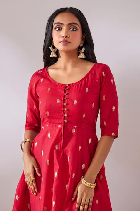 Buy_Gulaal_Red Cotton Brocade Round Banarasi Anarkali_Online_at_Aza_Fashions