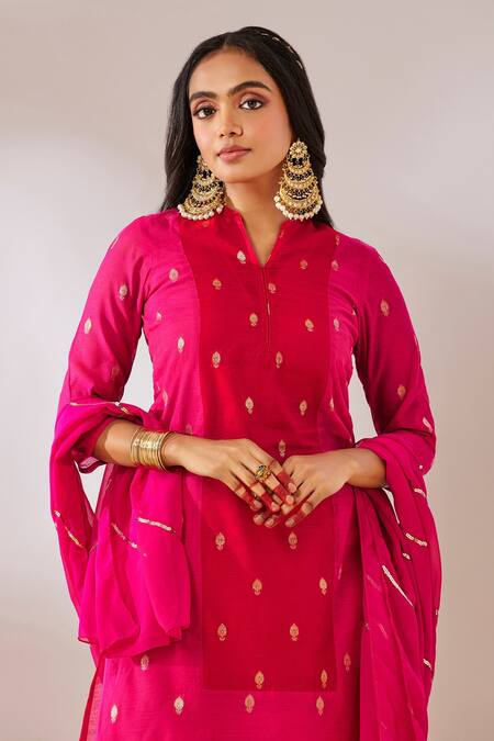 Gulaal_Pink Georgette, Cotton Satin Sequins V-neck Brocade Kurta Pant Set _Online_at_Aza_Fashions