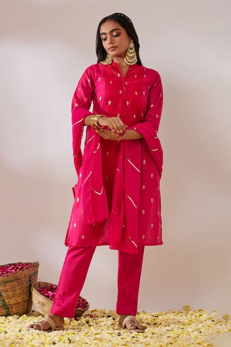 Buy_Gulaal_Pink Georgette, Cotton Satin Sequins V-neck Brocade Kurta Pant Set _Online_at_Aza_Fashions