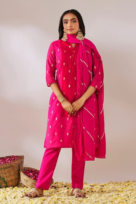 Shop_Gulaal_Pink Georgette, Cotton Satin Sequins V-neck Brocade Kurta Pant Set _Online_at_Aza_Fashions