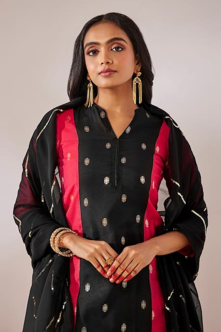 Gulaal Red Cotton Satin, Cotton, Georgette Sequins V-neck Brocade Woven Kurta Pant Set Online at Aza Fashions Gulaal_Red Cotton Satin, Cotton, Georgette Sequins V-neck Brocade Woven Kurta Pant Set _Online_at_Aza_Fashions