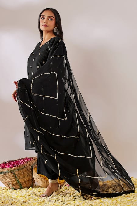 Gulaal_Black Georgette, Cotton Satin Sequins A-line Banarasi Brocade Kurta Palazzo Set _Online_at_Aza_Fashions