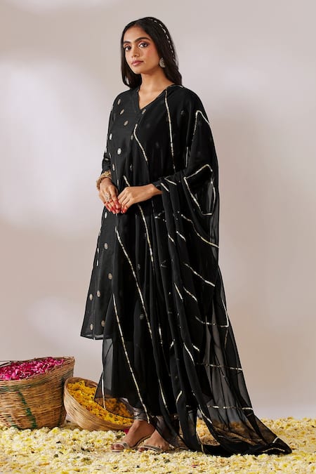 Buy_Gulaal_Black Georgette, Cotton Satin Sequins A-line Banarasi Brocade Kurta Palazzo Set _Online_at_Aza_Fashions