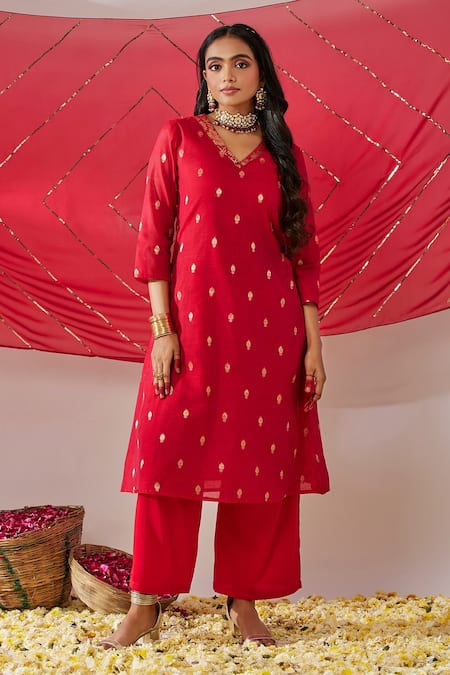 Gulaal Red Cotton Brocade V Neck Banarasi A-line Kurta Palazzo Set 