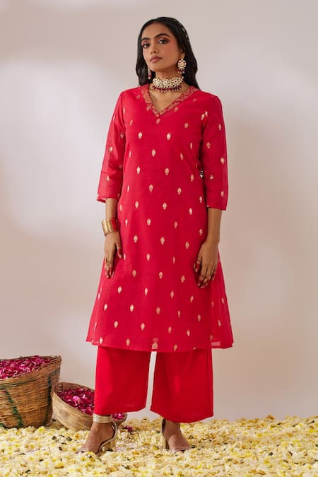 Gulaal Red Georgette, Cotton Satin Sequins Banarasi Brocade A-line Kurta Palazzo Set Online at Aza Fashions Gulaal_Red Georgette, Cotton Satin Sequins Banarasi Brocade A-line Kurta Palazzo Set _Online_at_Aza_Fashions