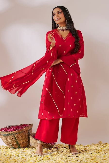 Buy Gulaal Red Georgette, Cotton Satin Sequins Banarasi Brocade A-line Kurta Palazzo Set Online at Aza Fashions Buy_Gulaal_Red Georgette, Cotton Satin Sequins Banarasi Brocade A-line Kurta Palazzo Set _Online_at_Aza_Fashions