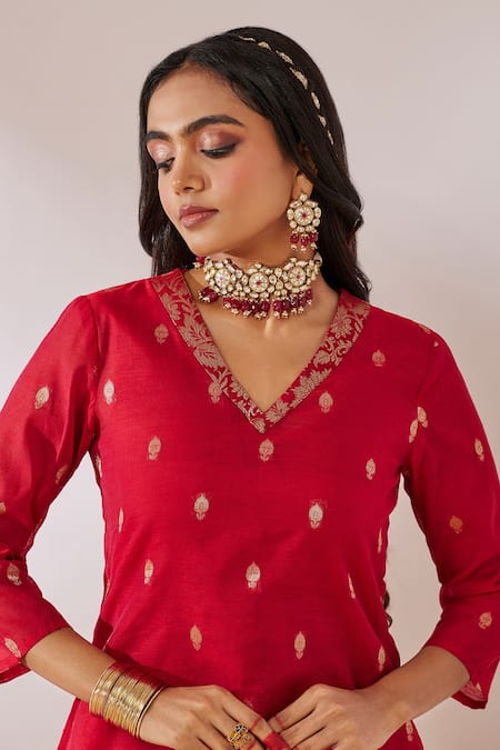 Shop Gulaal Red Georgette, Cotton Satin Sequins Banarasi Brocade A-line Kurta Palazzo Set Online at Aza Fashions Shop_Gulaal_Red Georgette, Cotton Satin Sequins Banarasi Brocade A-line Kurta Palazzo Set _Online_at_Aza_Fashions