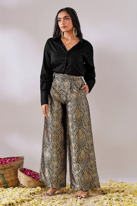 Gulaal Black Cotton Satin V Neck Top And Flared Pant Set 