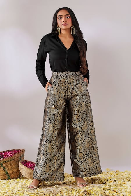 Shop Gulaal Black Cotton Satin, Handloom Cotton, Brocade V-neck Top And Flared Pant Set at Aza Fashions Shop_Gulaal_Black Cotton Satin, Handloom Cotton, Brocade V-neck Top And Flared Pant Set_at_Aza_Fashions