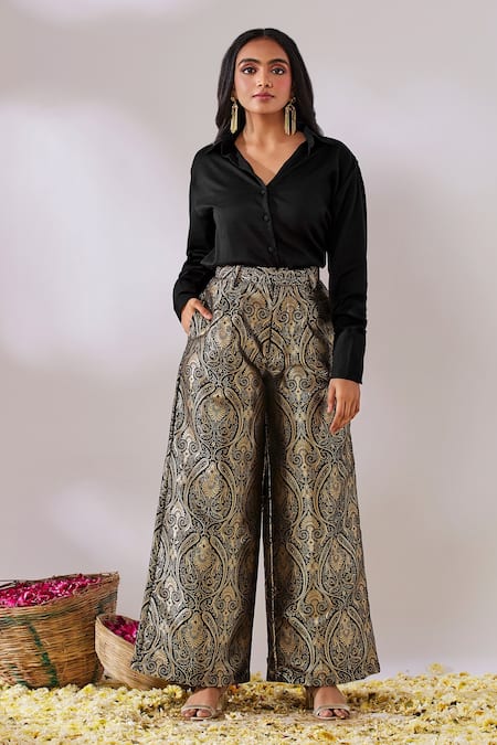 Gulaal Black Cotton Satin, Handloom Cotton, Brocade V-neck Top And Flared Pant Set Online at Aza Fashions Gulaal_Black Cotton Satin, Handloom Cotton, Brocade V-neck Top And Flared Pant Set_Online_at_Aza_Fashions
