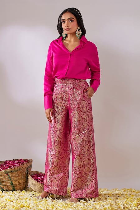 Gulaal Pink Cotton Satin V Neck Long Sleeve Top And Pant Set 