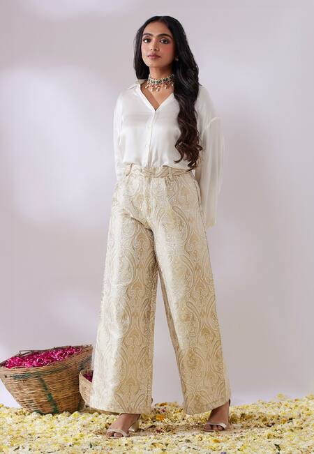 Shop Gulaal White Cotton Satin, Handloom Cotton, Brocade Embroidery Top And Banarasi Pant Set at Aza Fashions Shop_Gulaal_White Cotton Satin, Handloom Cotton, Brocade Embroidery Top And Banarasi Pant Set_at_Aza_Fashions