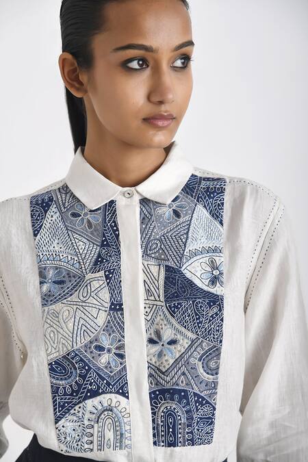 Buy Payal Pratap Ivory Linen Embroidered Patchwork Collared Agioi Yoke Shirt Online at Aza Fashions Buy_Payal Pratap_Ivory Linen Embroidered Patchwork Collared Agioi Yoke Shirt _Online_at_Aza_Fashions