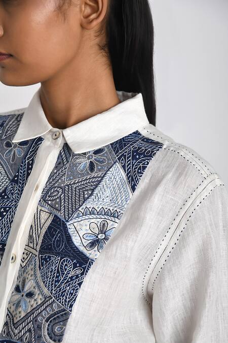 Shop Payal Pratap Ivory Linen Embroidered Patchwork Collared Agioi Yoke Shirt Online at Aza Fashions Shop_Payal Pratap_Ivory Linen Embroidered Patchwork Collared Agioi Yoke Shirt _Online_at_Aza_Fashions