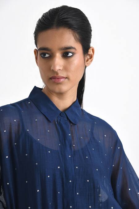 Buy Payal Pratap Blue Chanderi Embroidered Sequin Collared Shirt Online at Aza Fashions Buy_Payal Pratap_Blue Chanderi Embroidered Sequin Collared Shirt _Online_at_Aza_Fashions